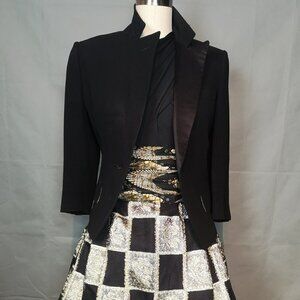 70s Vintage Black Gold Asymmetrical Jersey Check Jacquard Full Skirted Minidress